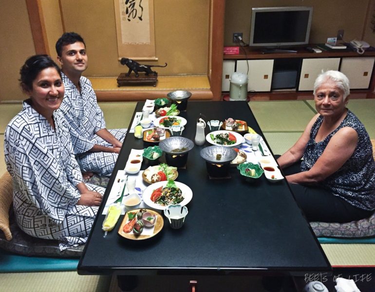 A specially prepared traditional vegetarian dinner at our Ryokan after a relaxing dip in the Onsen!