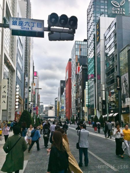 Walking in the shopping district, Ginza on a Sunday afternoon when no vehicles are allowed. Quite a treat!