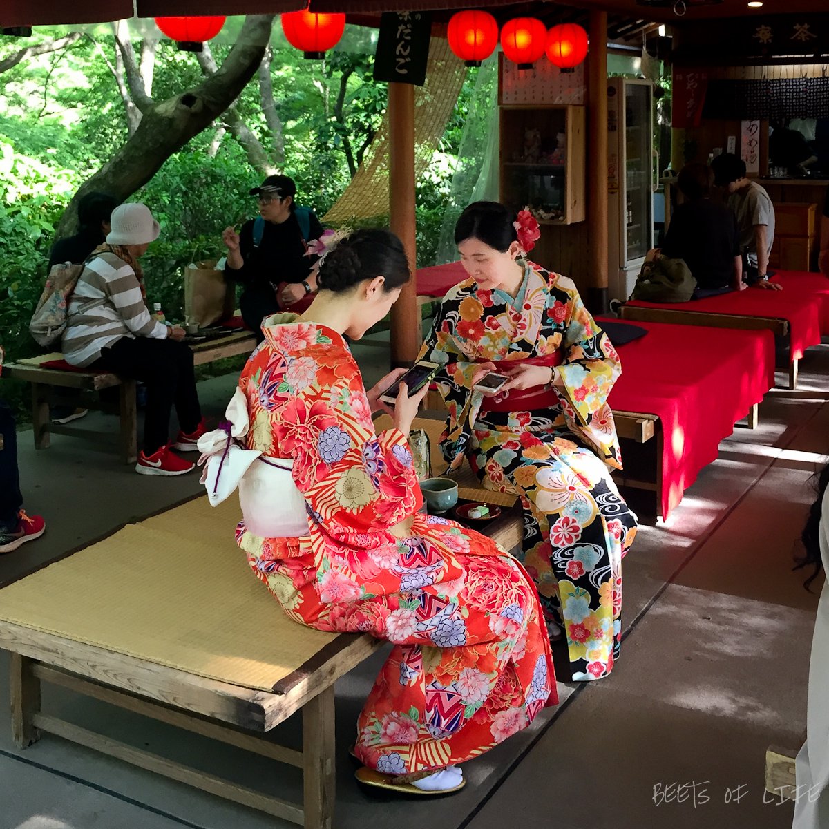 Women visiting the temple dressed in Kimonos 