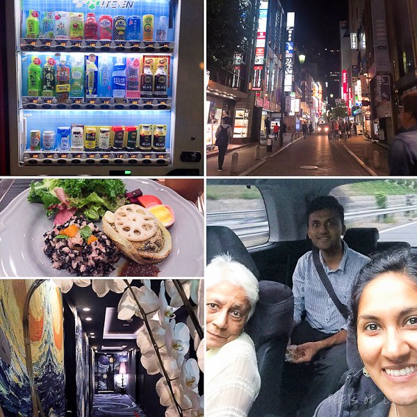 First night (top right in clockwise direction): One of the ubiquitous Japanese vending machines, Akasaka night view, driving into Tokyo city, Vincent Van Gogh's starry night corridor in our hotel, and our first so called "vegan" meal (with an egg) for dinner!