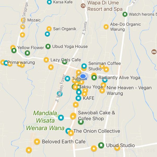 Happy yellow dots on Google Maps showing us where we can find vegetarian food! Ubud, Bali is heaven for vegetarians!